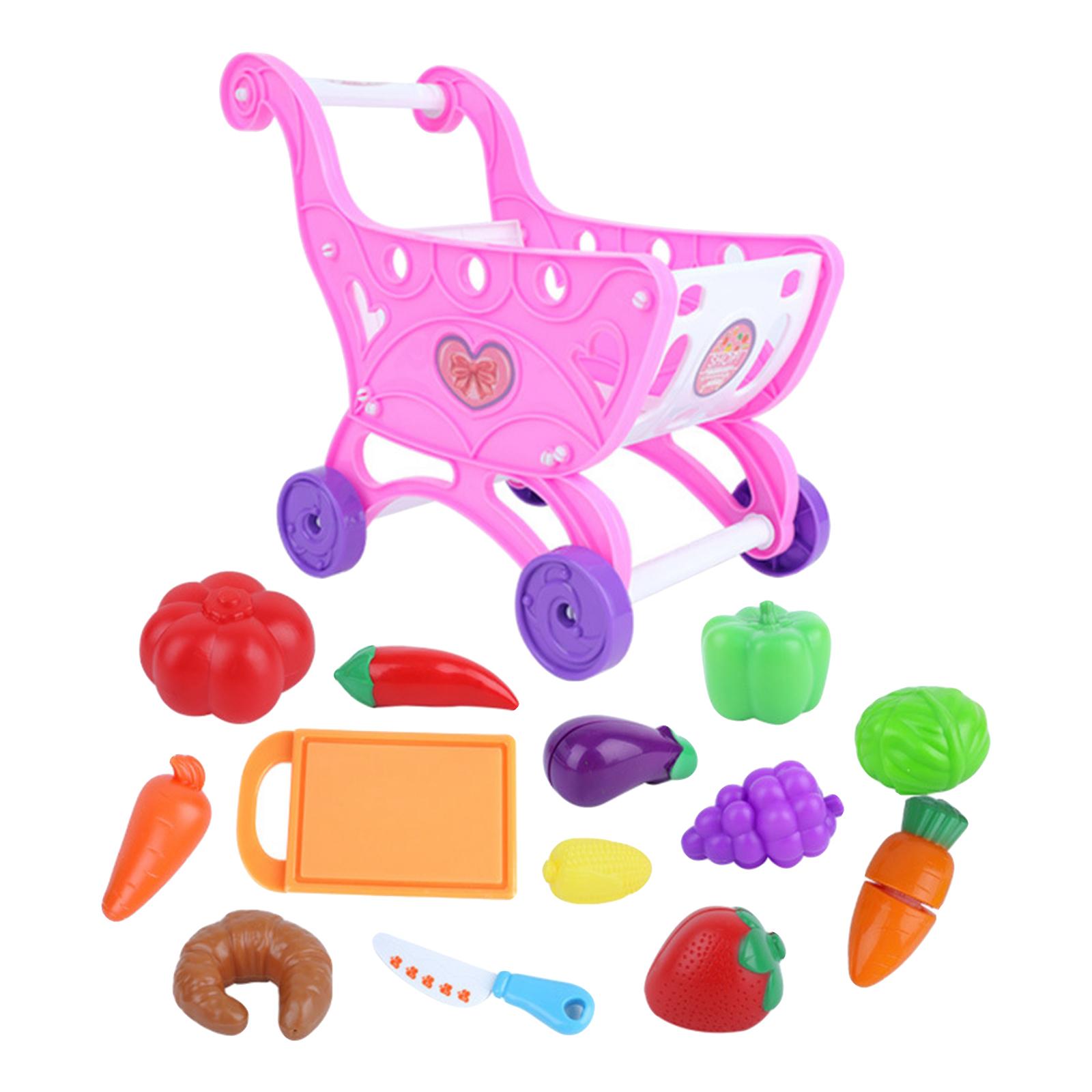14Pcs/Set Shopping Trolley Cart Supermarket Trolley Basket Mini Simulation Fruit Food Imaginative Play: Pink