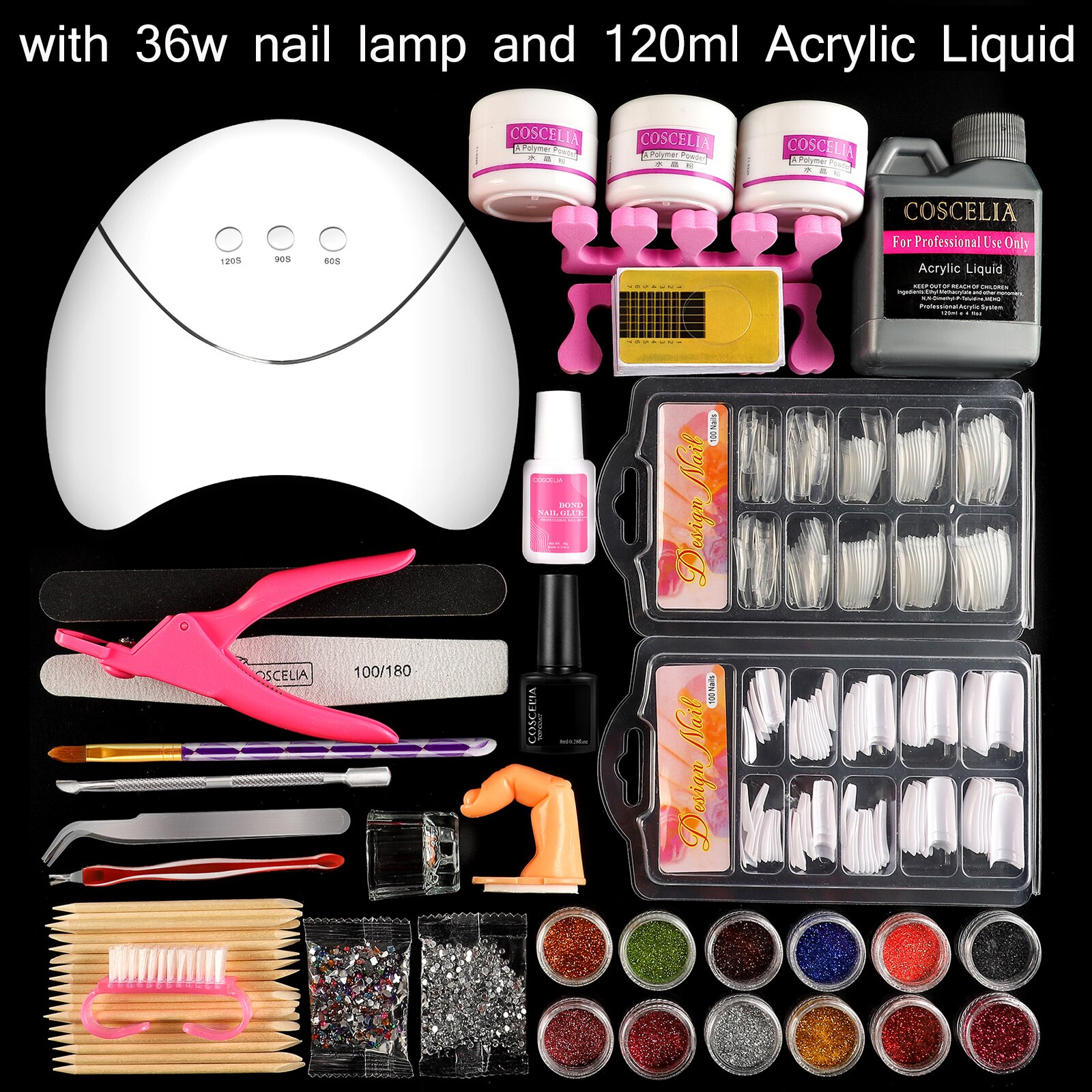 Coscelia akryl søm kit med lampe alt til manicure gel nail kit nail art dekorationer negleboremaskine af fræsere: Indstil en