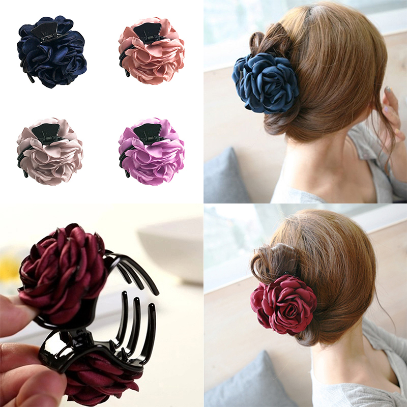 1 pieza, , pasador de cola de caballo, flor rosa, tela, pinza para el pelo, mandíbula, Clip para mujer, flor de doble cara, Updo con volantes