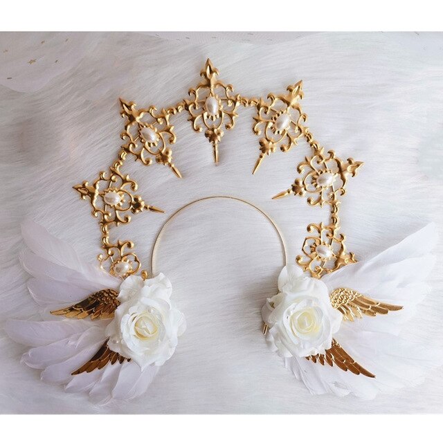 Lolita-tocados de corona KC de la Virgen María, alas de Ángel de Rosa Blanca gótica, cadena de cuentas, accesorios para el cabello, Tiara barroca: 1