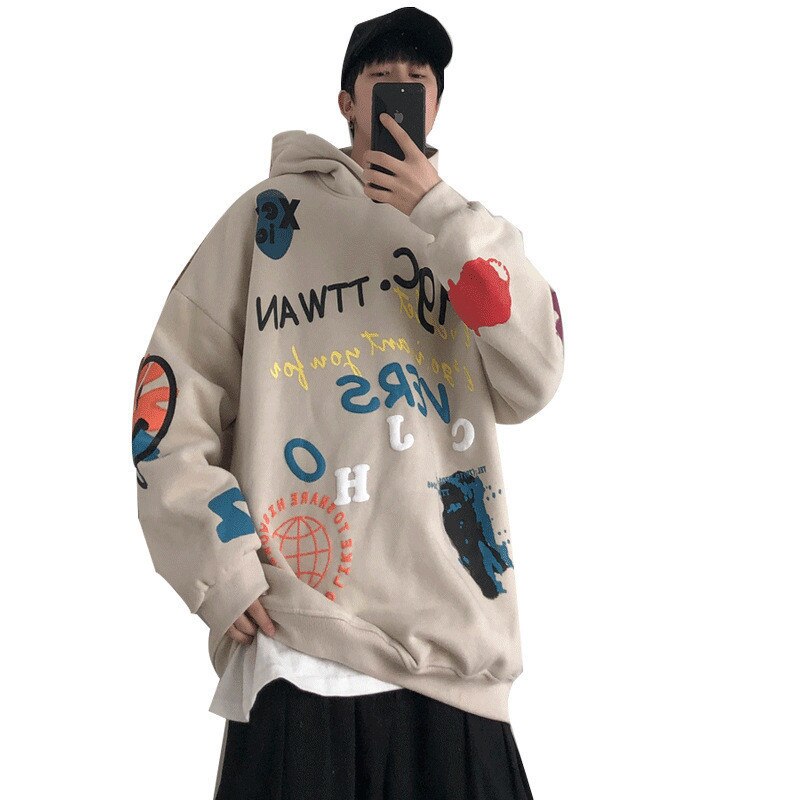 Graffiti Letter Print Plus Velvet Sweatshirt Men Harajuku Fleece Hoodie Hip Hop Stranger Things Womren Hooded Hoodies Teen