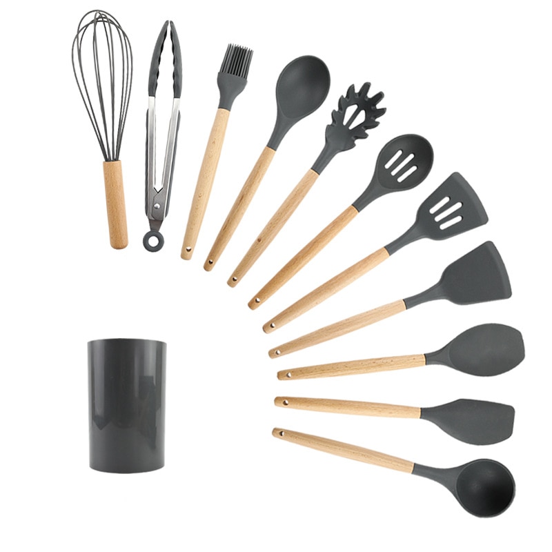 Silicone cuisine ustensiles de cuisine ensemble antiadhésif résistant à la chaleur ustensiles de cuisine manche en bois cuillère soupe louche ustensiles de cuisine Gadget de cuisson
