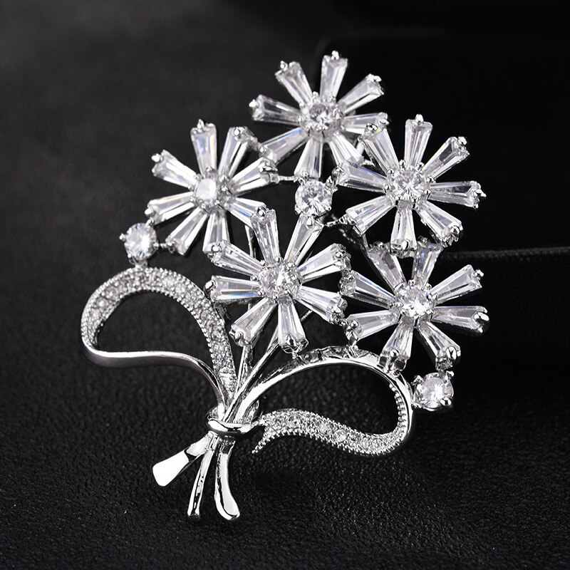 RED TREES Brooch - Women's Luxury AAA Zirconia Flower Plant Shape - Sterling Silver Plated Alloy - Party Jewelry