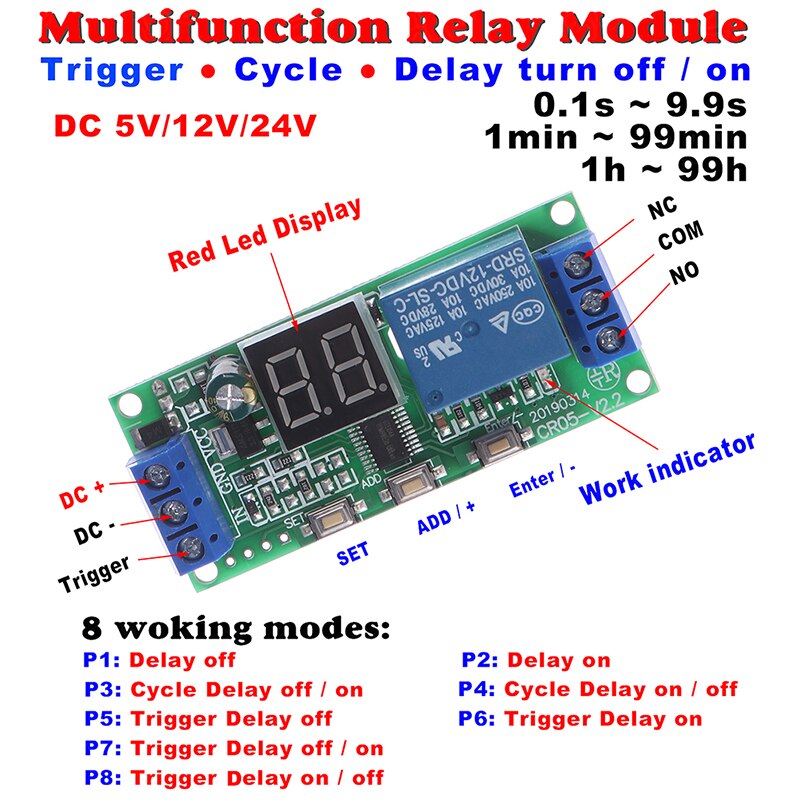 1pc multifunksjons digital tid uendelig forsinkelse bryter tidtaker relémodul  dc 5v / 12v / 24v