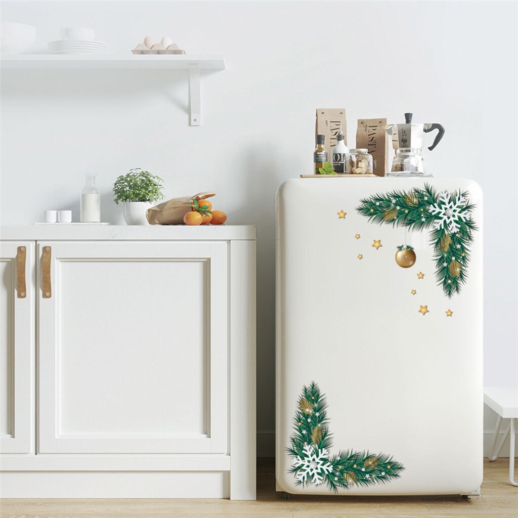 Christmas Green Plant Twig Bell Wall Sticker Simulation Plant Affixed Toilet TV Background Decor Wall Window Decoration Stickers