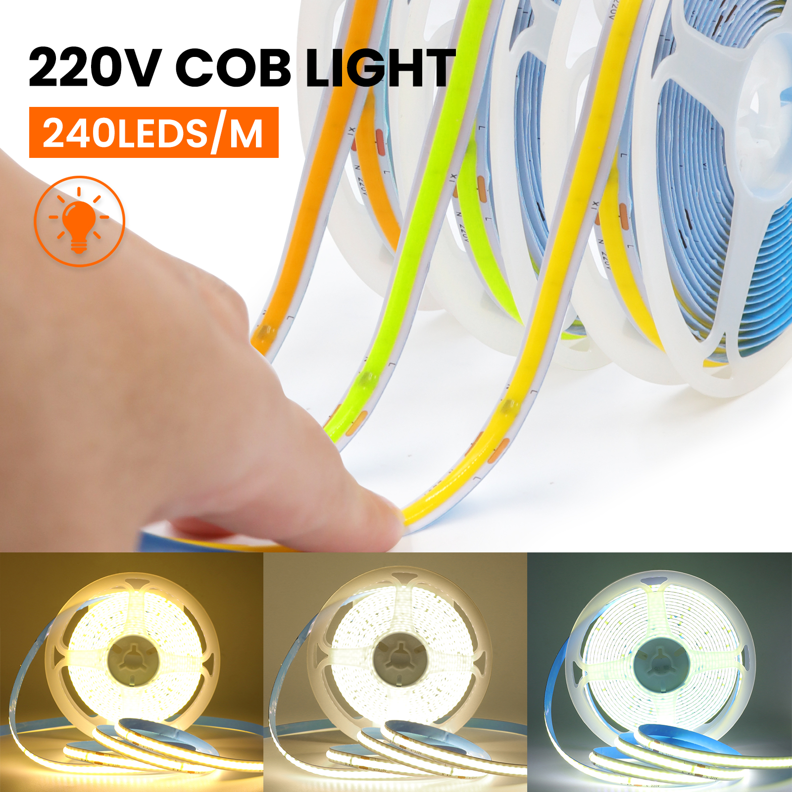 220V 5m 10m 15m 20m 50m COB LED Strip High Density 8mm PCB 240LEDs/m White/Warm White Cuttable and Flexible Ribbon Rope Light