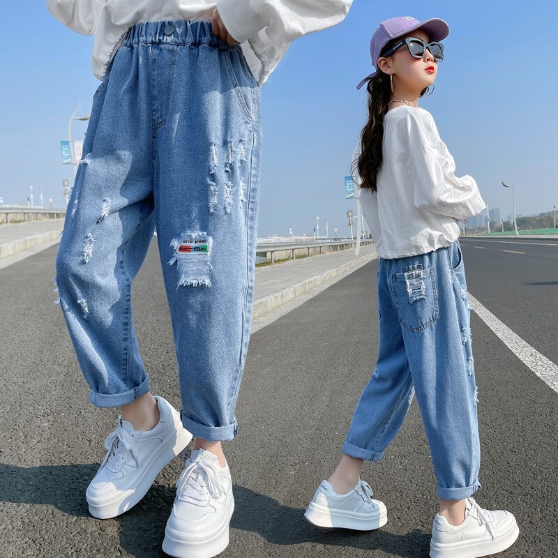 Pantalones vaqueros rasgados con agujeros para niñas, Jeans largos de estilo informal, para la escuela, ropa para niñas de 4 a 13 años