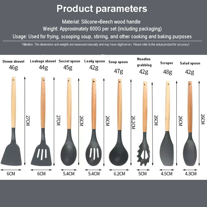 12Pcs Silicone Kitchen Utensils Cooking Wooden Handle Non Stick Pot Kitchenware Set Storage Bucket Silicone Kitchen Utensils