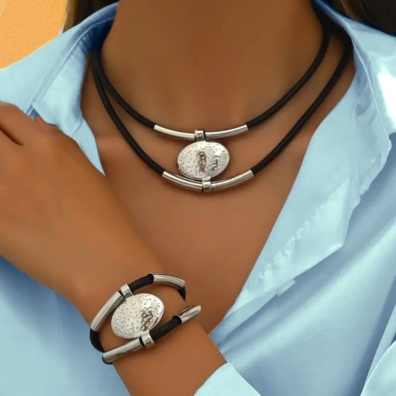 Conjunto de 2 uds. De joyería bohemia de en capas Vintage, accesorios de joyería geométrica, colgante, collar, pulsera, conjunto para mujer: PLATEADO