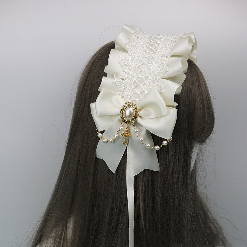 Coiffure de demoiselle d'honneur gothique, bandeau avec nœud en dentelle, croix d'ange foncé, doux Cosplay, accessoires pour cheveux Anime: WHITE