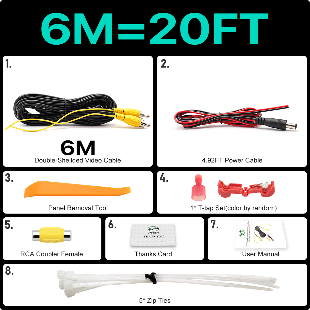 Cable de vídeo RCA de doble blindaje mejorado GreenYi para Monitor y conexión de cámara de visión trasera de respaldo extensión AV de 6m 10m 15m 20m: Negro