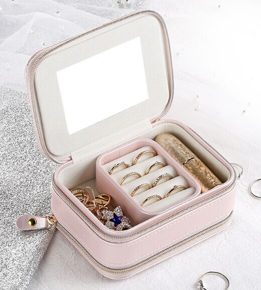 Jewelry box Portable zipper leather storage organizer jewelry holder packaging display travel jewelry box boxes for women: Pink