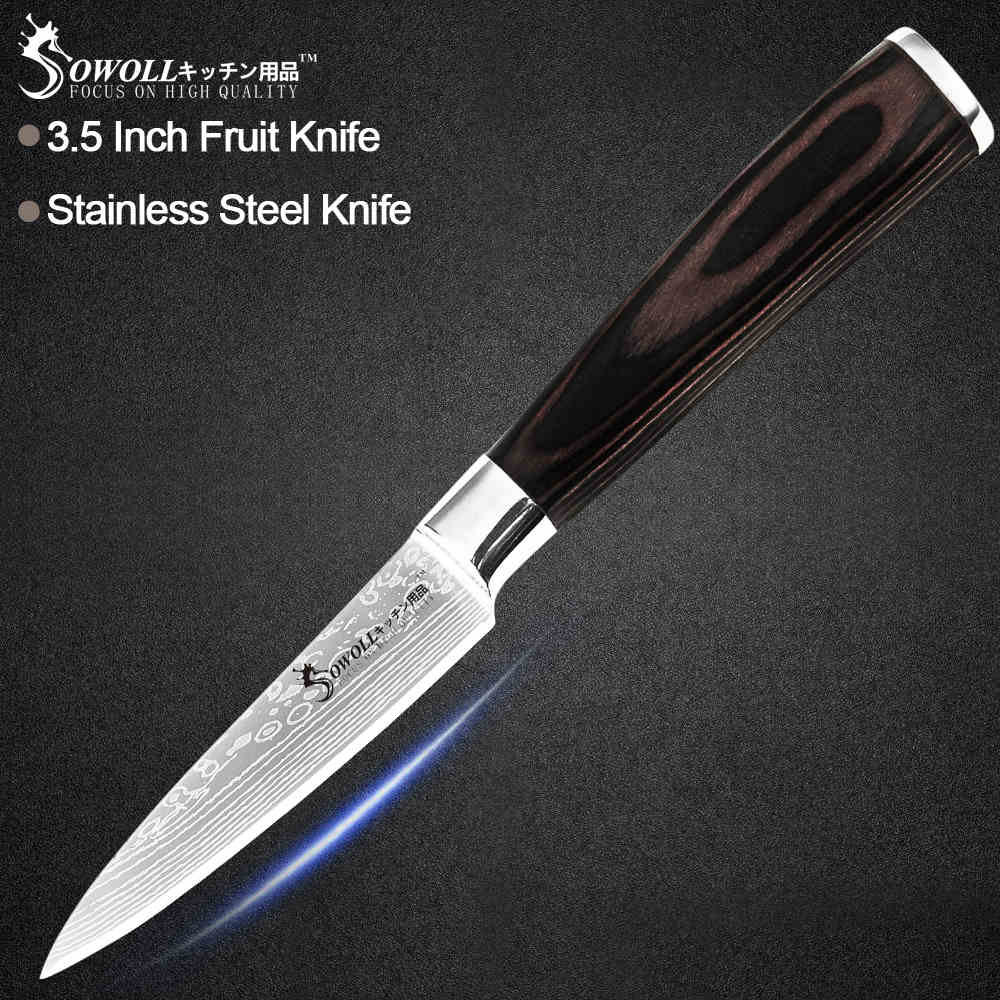 Sowoll Stainless Steel Cooking Knife Damascus Pattern Blade Chef Slicing Santoku Utility Paring Knife Camping Cooking Tools: L.3.5 paring knife