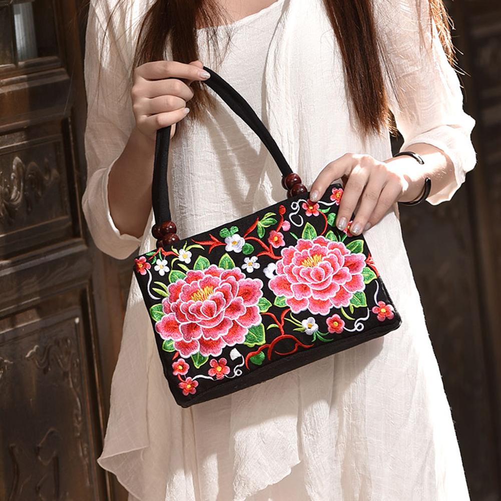 Women's Tote Bag - Floral Embroidered Canvas - Zipper Closure - Shoulder Top-Handle - Vintage Style