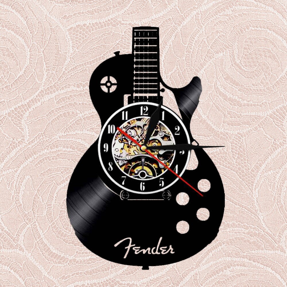 Guitar Shape Wall Clock Vinyl Record Wall Clock Living Room Wall Hanging Clock (without Lamp Shipment without Battery): Black
