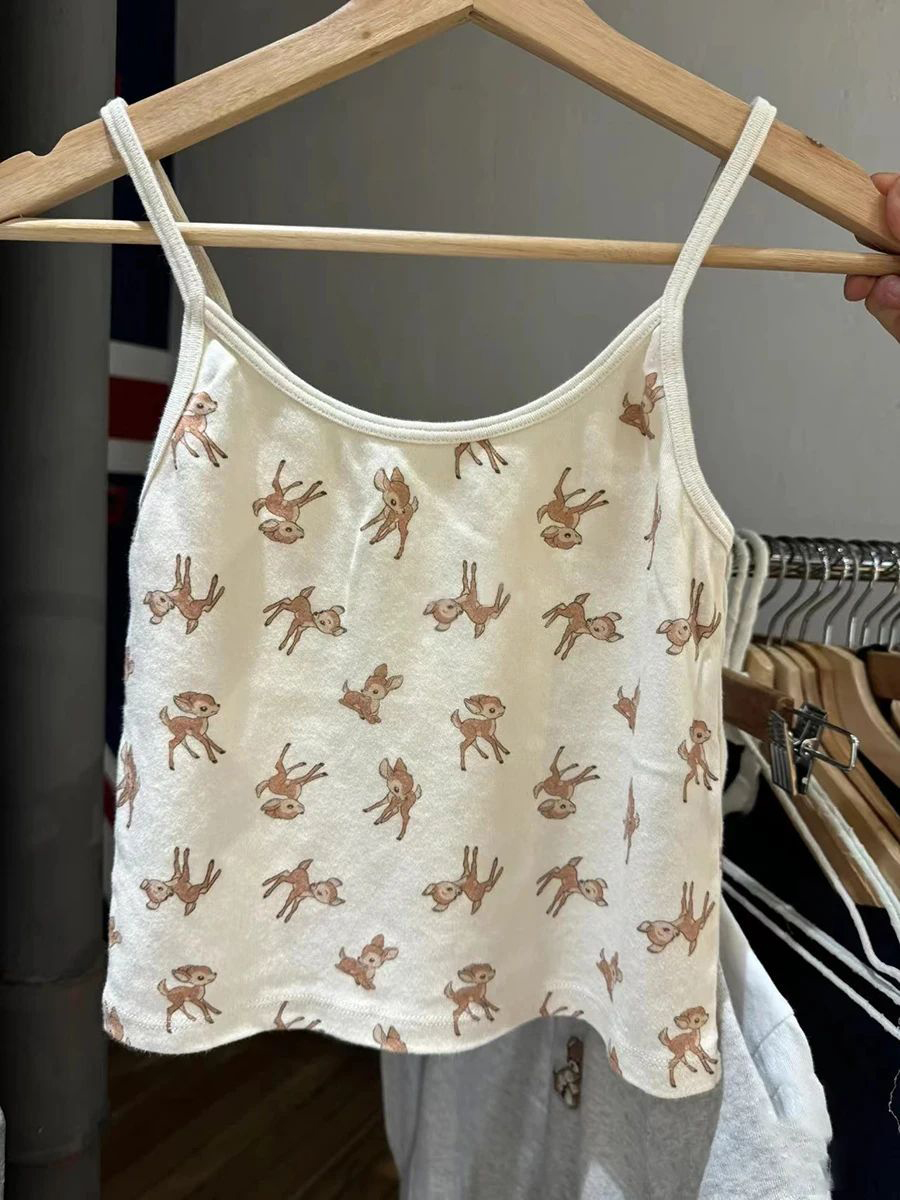 Söt liten hjorttryck smal crop top kvinnor sommar bomull ärmlös beskuren linne harajuku avslappnad söt linnen  y2k