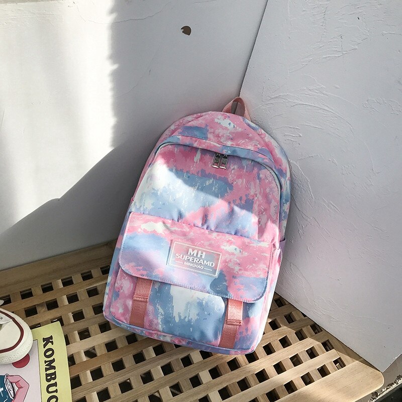 Tie Dye Collorful Women Backpacks Graffiti Nylon Female Student Backbag Teenager Girl Book Bags School Ladies Travel Mochila sac: pink-biue