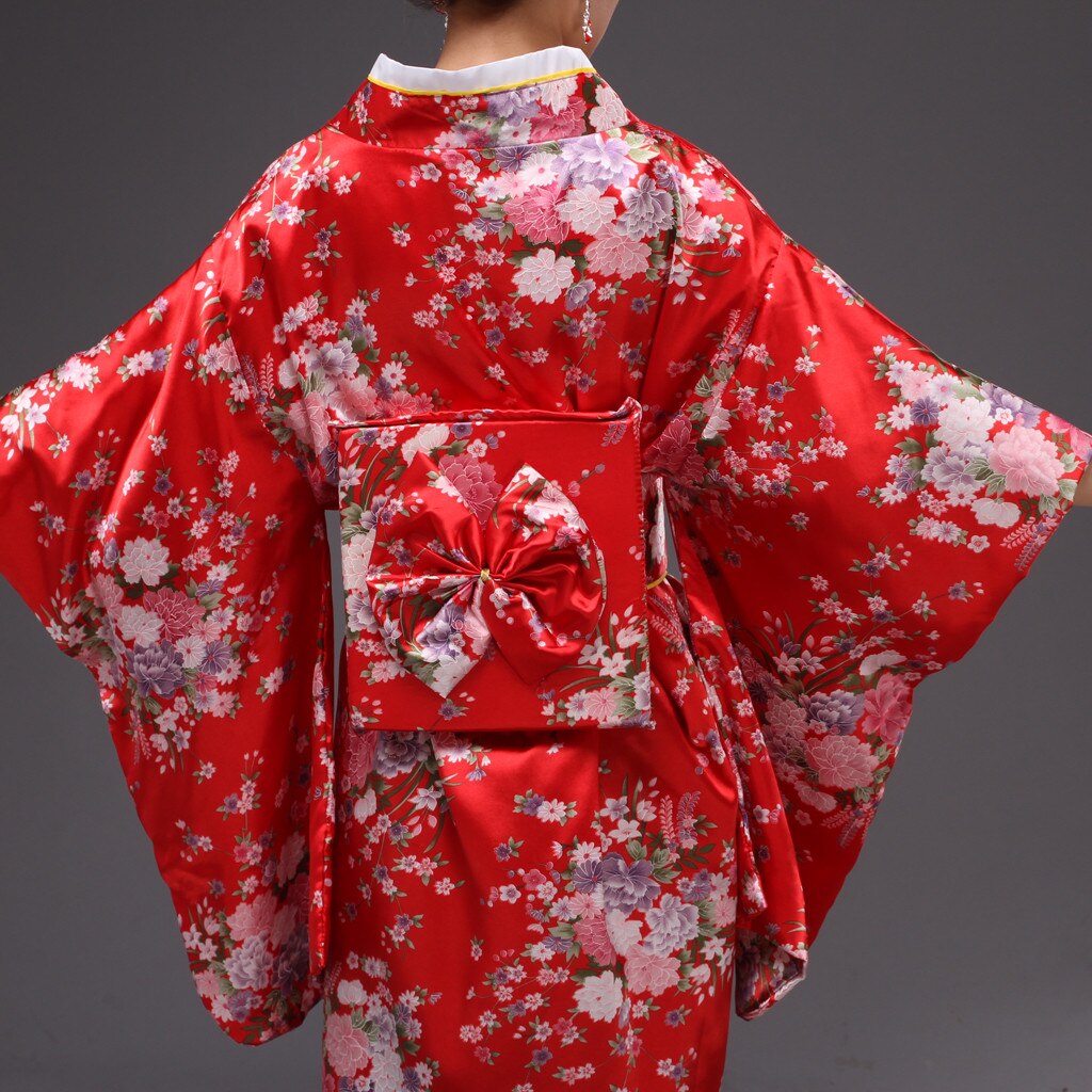 Modne sukienki luźna japońska satynowa sukienka sztucznego jedwabiu kimono z długim rękawem kobieta czerwony nadruk szlafrok szata tenisowa