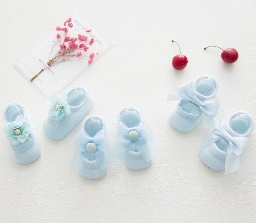 Kanten stijl prinses strik baby katoenen sokken uitgehold poreuze onzichtbare sokken kinderen snoepkleurige zomer vloer sokken antislip: Blauw / 1 to 2 jaar