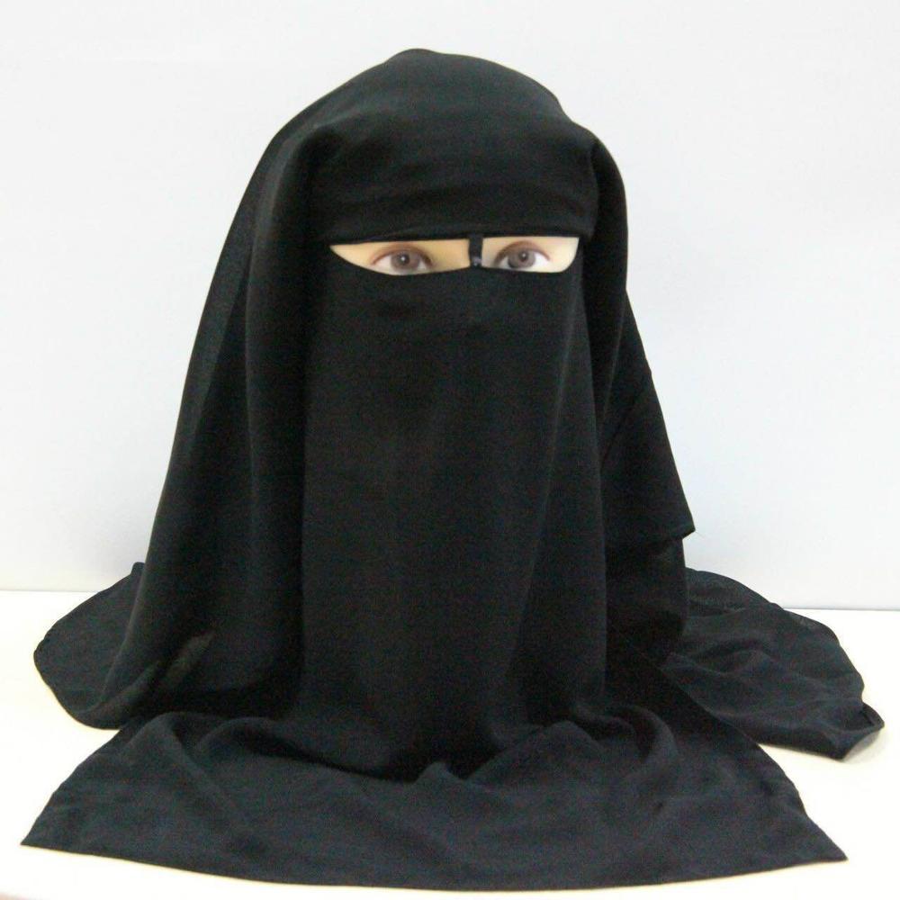 Islamitische 3 Lagen Niqab Boerka Motorkap Hijab Cap Moslim Bandana Sjaal Hoofddeksels Zwart Gezicht Cover Abaya Tulband Wrap Hoofd Die: Black