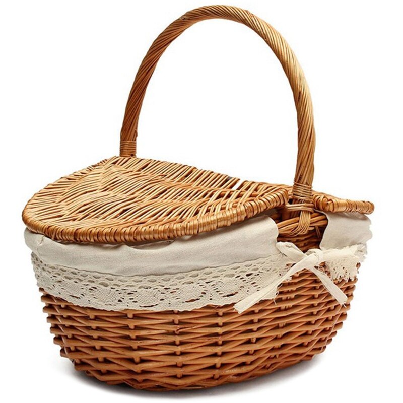 Handmade Wicker Basket with Handle Wicker Camping Picnic Basket with Double Lids Storage Hamper Basket with Cloth Lining: Default Title