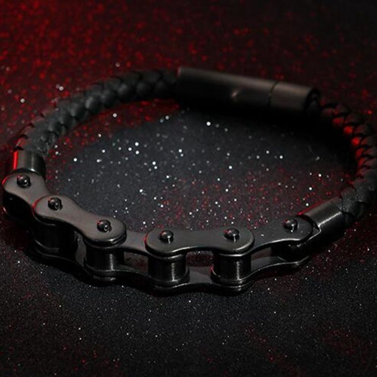 Punk Schwarz Edelstahl Fahrrad Kette Leder Armband männer Rock Partei Biker Schmuck