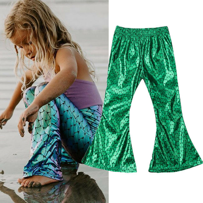 Kid Girls Shiny Mermaid Leggings Metallic Fish Scale Pants Fancy Dress Party