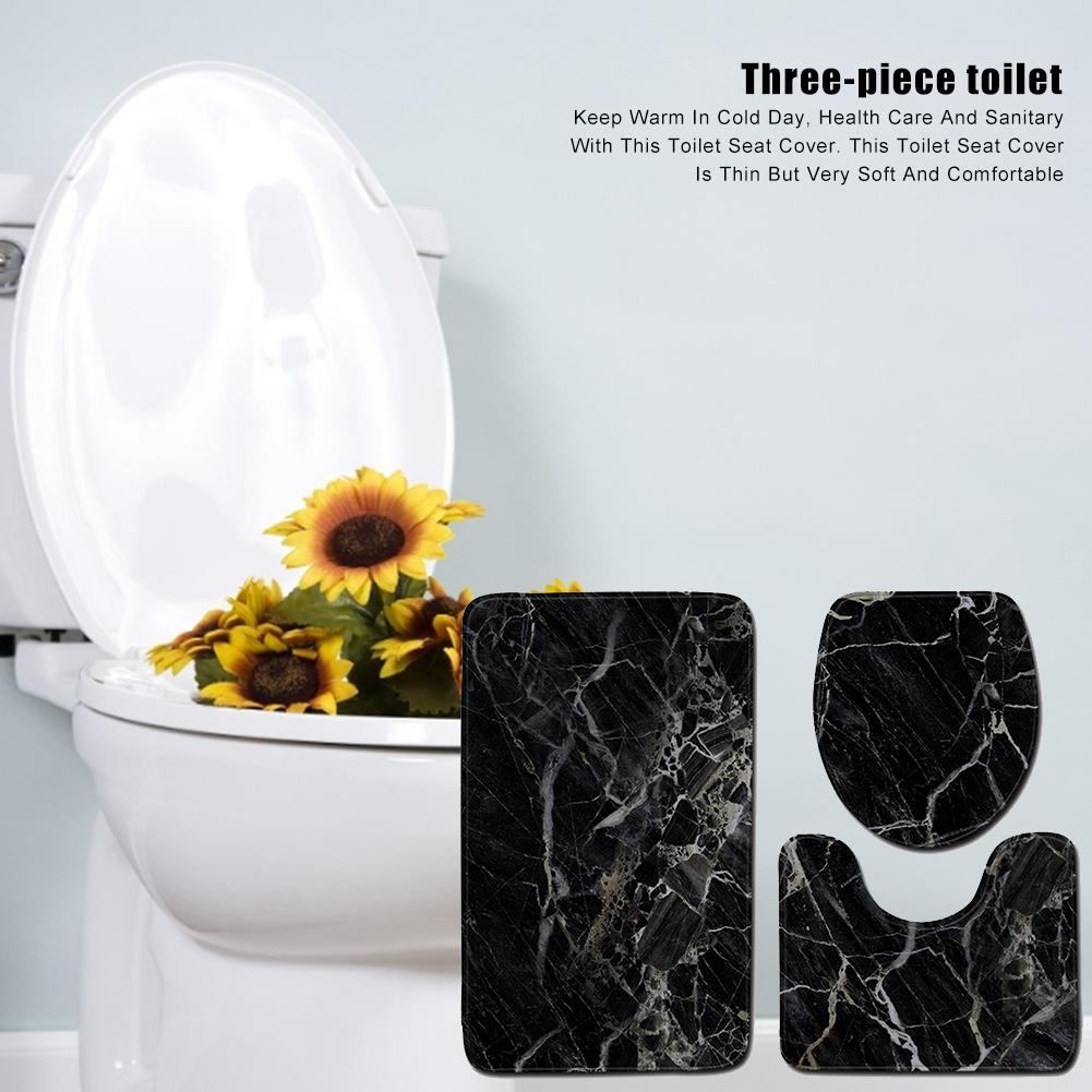 Toilet 3- stykke sæt sort marmor badeværelsesmåtte sæt kontur tæppe flannel skridsikker badepiedestal toilet sæde låg dækning bademåtte sæt