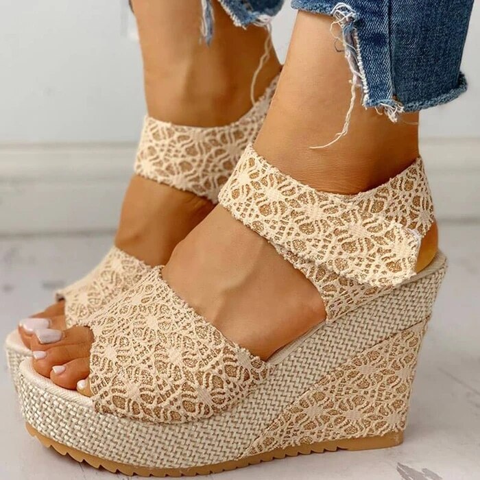 Sandales à talons compensés pour femmes, chaussures d'été à plateforme, en dentelle, à la , à bout ouvert, pour mariage, décontracté, grande taille: gold / 38