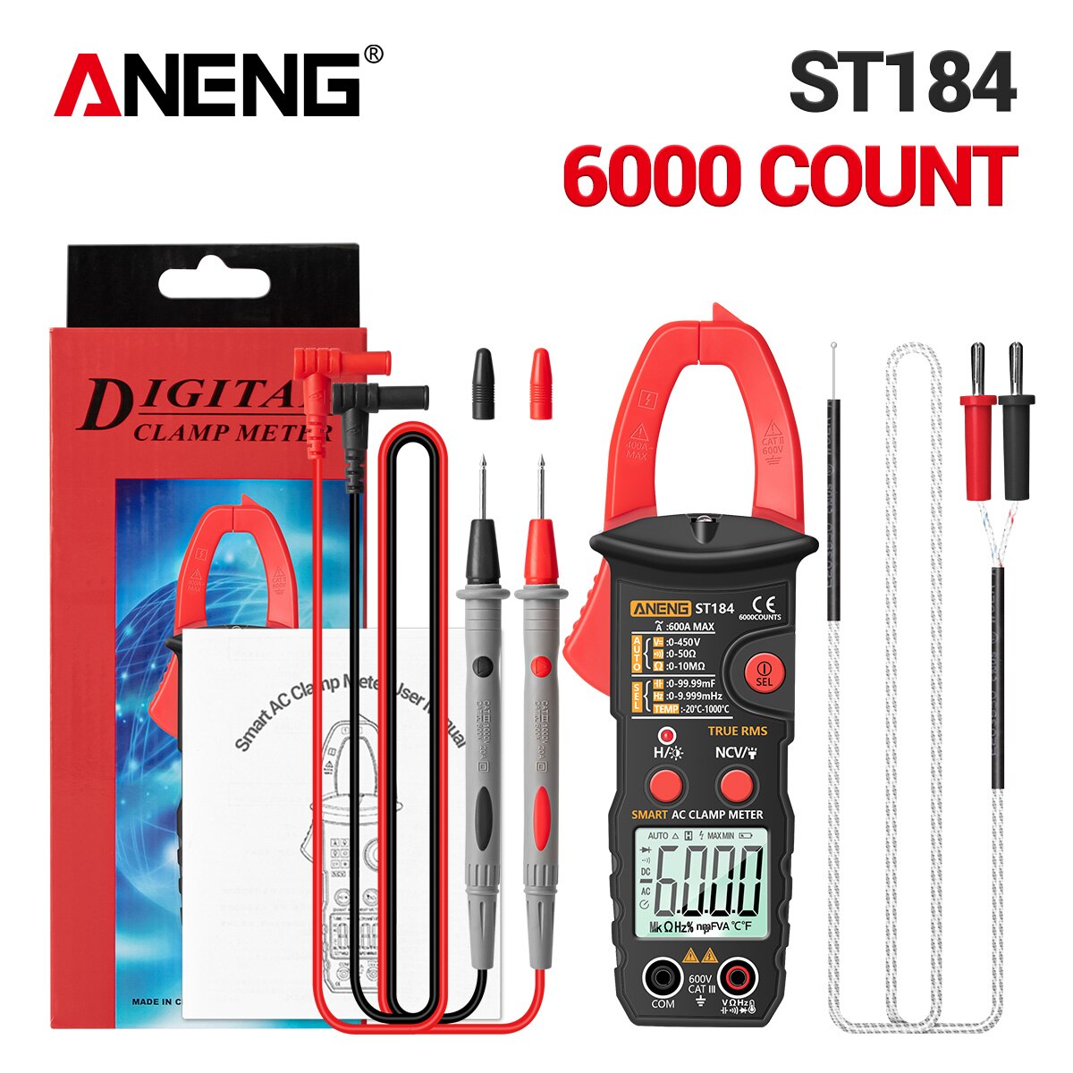 ANENG True RMS Digital Multimeter Clamp Meter DC/AC Voltage Detector AC Amp Meter with Ohm Capacitance NCV Clamp Meter: Red