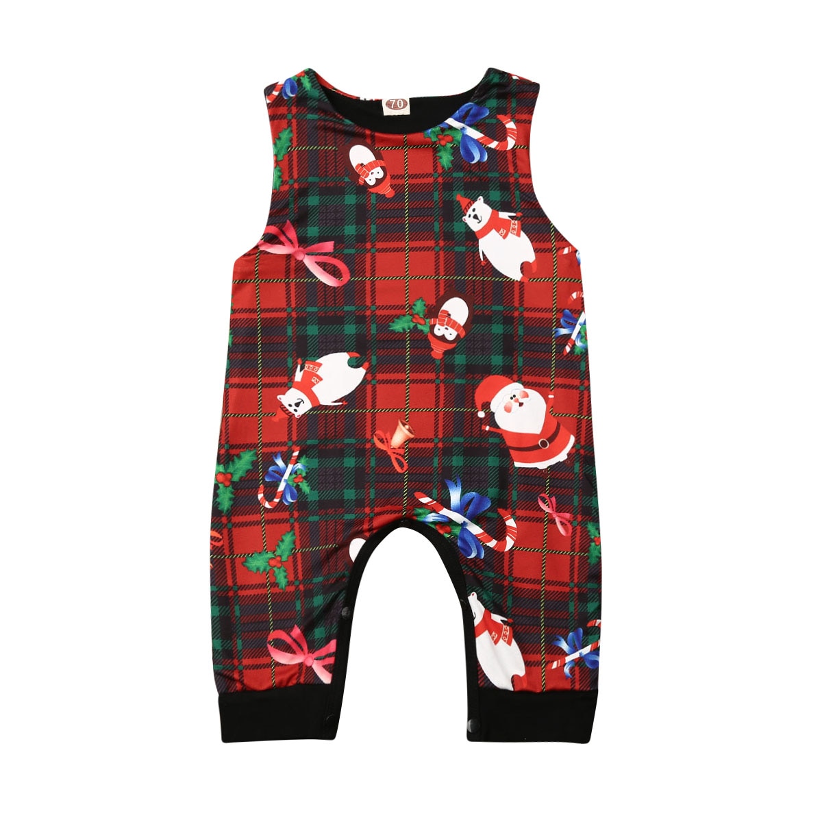 Xmas Toddler Baby Boys Girls Christmas Romper Sleeveless Cotton Plaid Jumpsuits Outfit Clothes