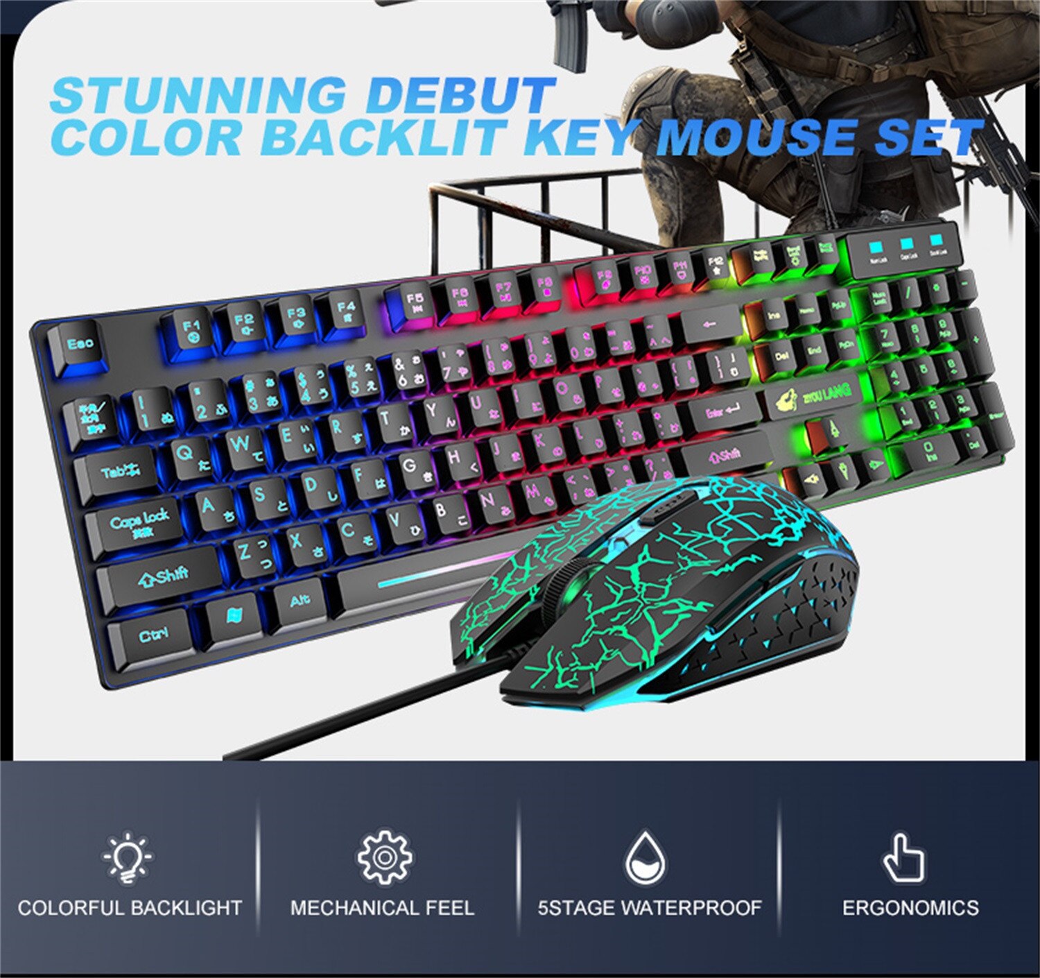 Klawiatura mechaniczna T13 Rainbow Backlight Usb ergonomiczna klawiatura gamingowa i zestaw myszy na komputer przenośny механическая клавиатура