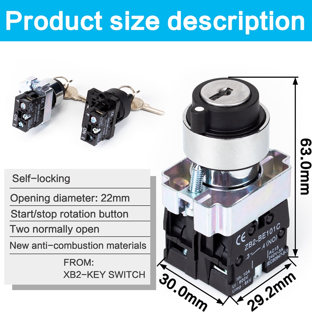 1pc XB2 Panel Mounted Key Rotary Start Locking or Self reset Pushbutton Switch 2Positions/3Positions XB2-BG 22mm