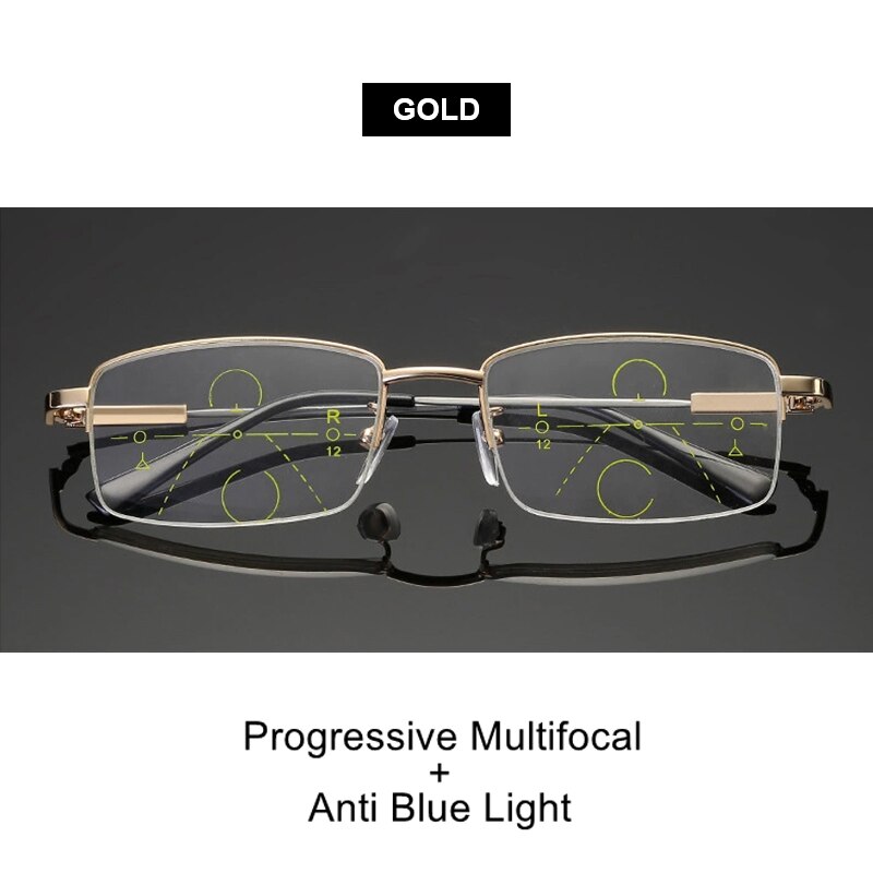 BLMUSA Titanium Progressive Multifocal Reading Glasses Men Anti Blue Light Glasses Women Eyewear For Elderly Blue Light Readers: Gold-  Multifocal / +100