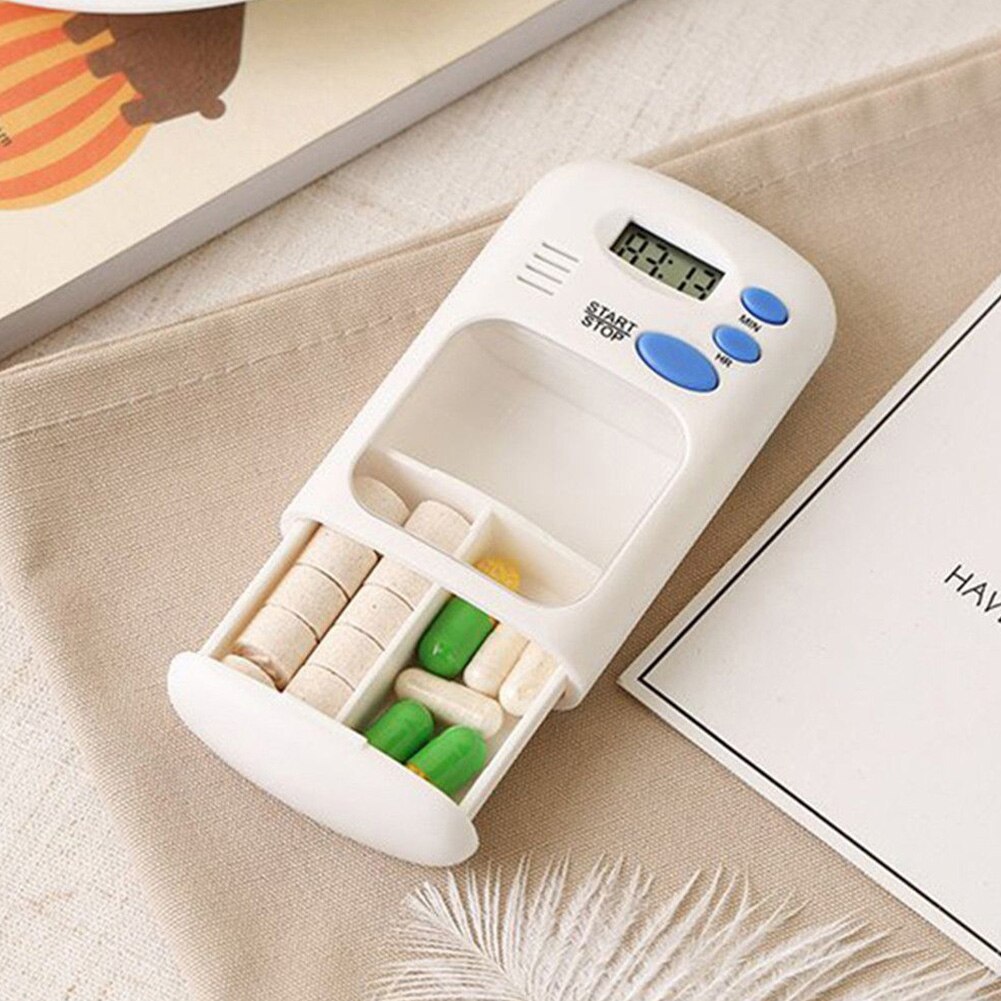 2 Grids Digital Medicine Reminder Portable Electric Alarm Home Use White Pill Box LCD Travel Loud Beep Splitters Small Timer