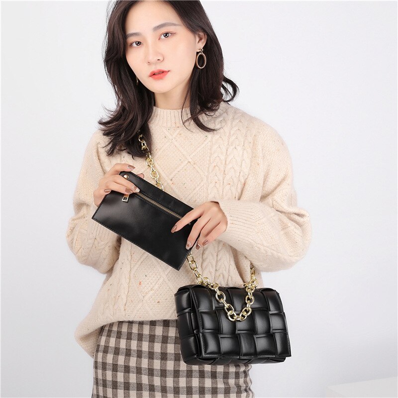 Weave Flap Women Shoulder Bag Solid Color PU Leather Crossbody Bags Female Messenger Handbag Purse