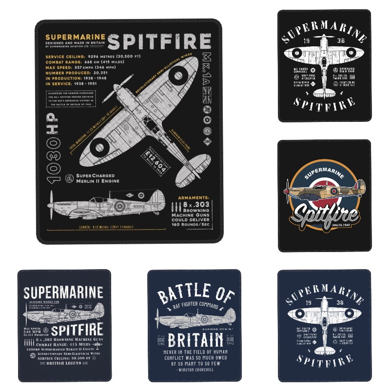 Alfombrilla de ratón para juegos Supermarine Spitfire, alfombrilla de goma antideslizante para ratón, piloto de combate, avión, decoración de oficina, alfombrilla para mesa de ordenador
