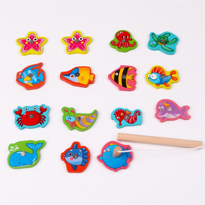 15Pcs Fish Wooden Magnetic Fishing Toy Set Baby Educational Toys Fish Game Educational Fishing Toy with Box