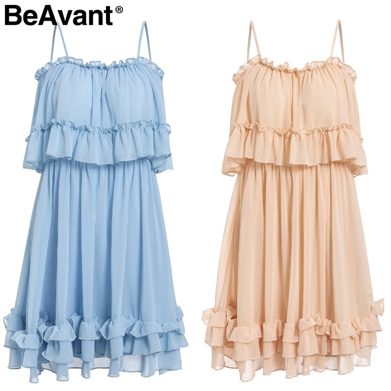 Beavant off shoulder rem chiffon sommerkjoler kvinder flæser plisseret kort kjole pink løs strand minikjole