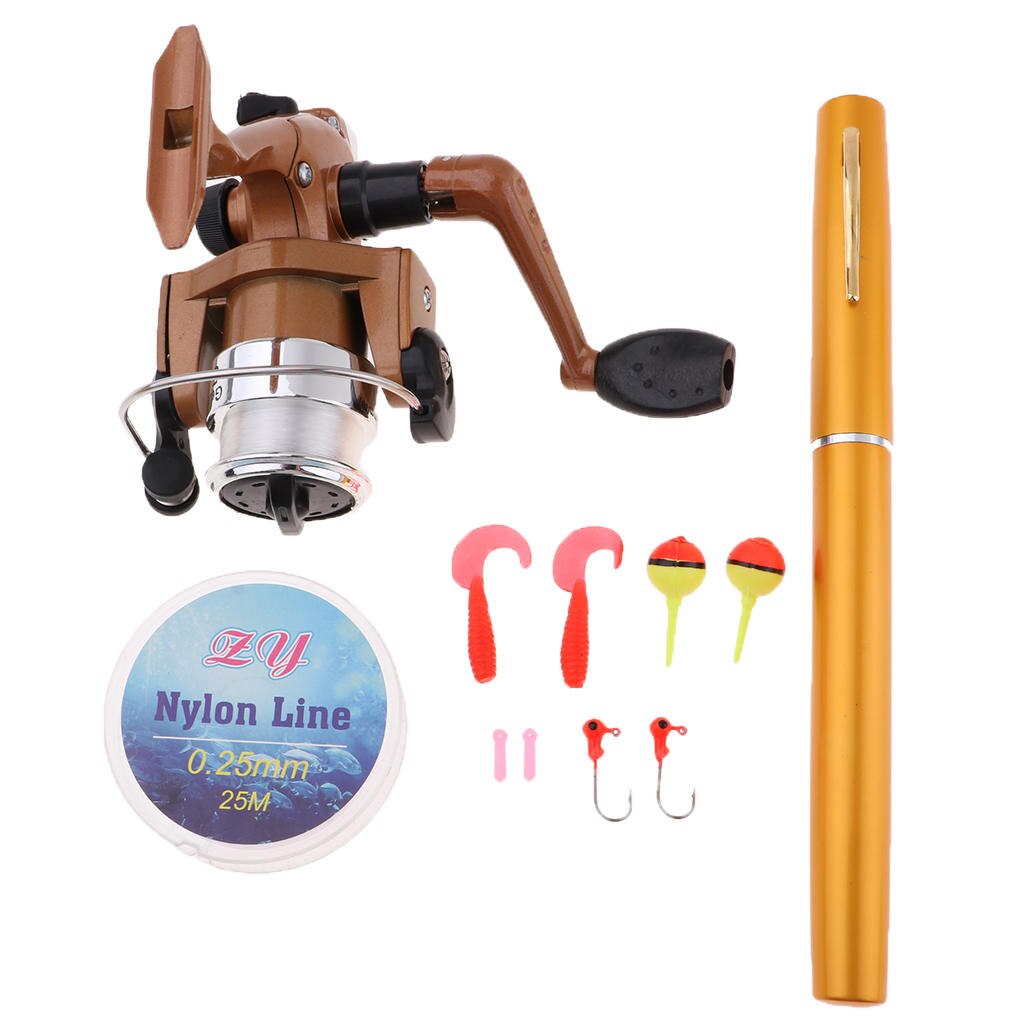 Minicabezal de pesca portátil, herramienta de aparejos de pesca, tamaño bolígrafo, carrete, línea, gancho, conjunto de cebo
