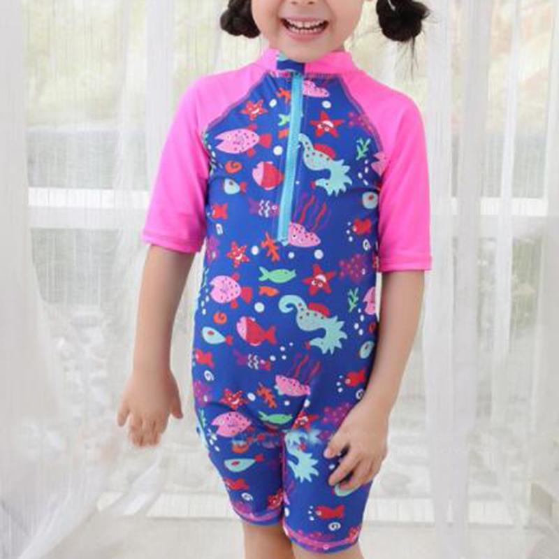 Cartoon dinosaurus afdrukken meisjes badpak korte mouw kids bikini een stukken jumpsuit peuter baby badpak 3-7Yrs