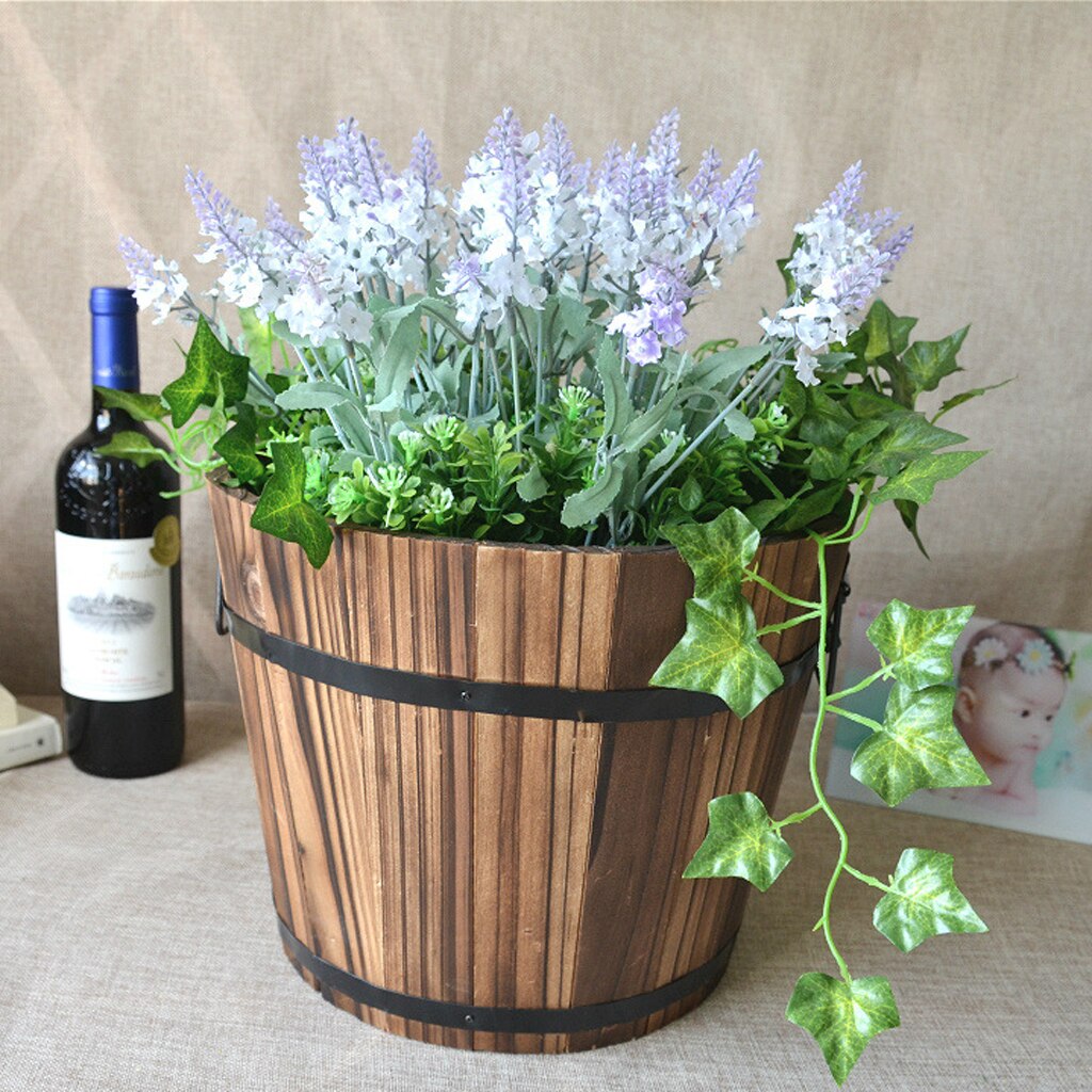 Set Of 2 Rustic Wood Bucket Barrel Rustic Whiskey Flower Garden Planters Pot with Handle for Home Garden Decoration