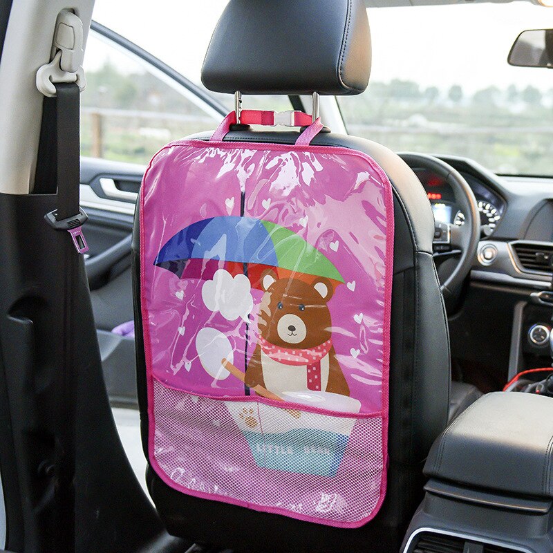 Autostoel rugleuning anti-kinder-schopmat multi-pocket waterdichte auto achterbank beschermende cartoon anti-schopmat kussen auto organizer: Roze