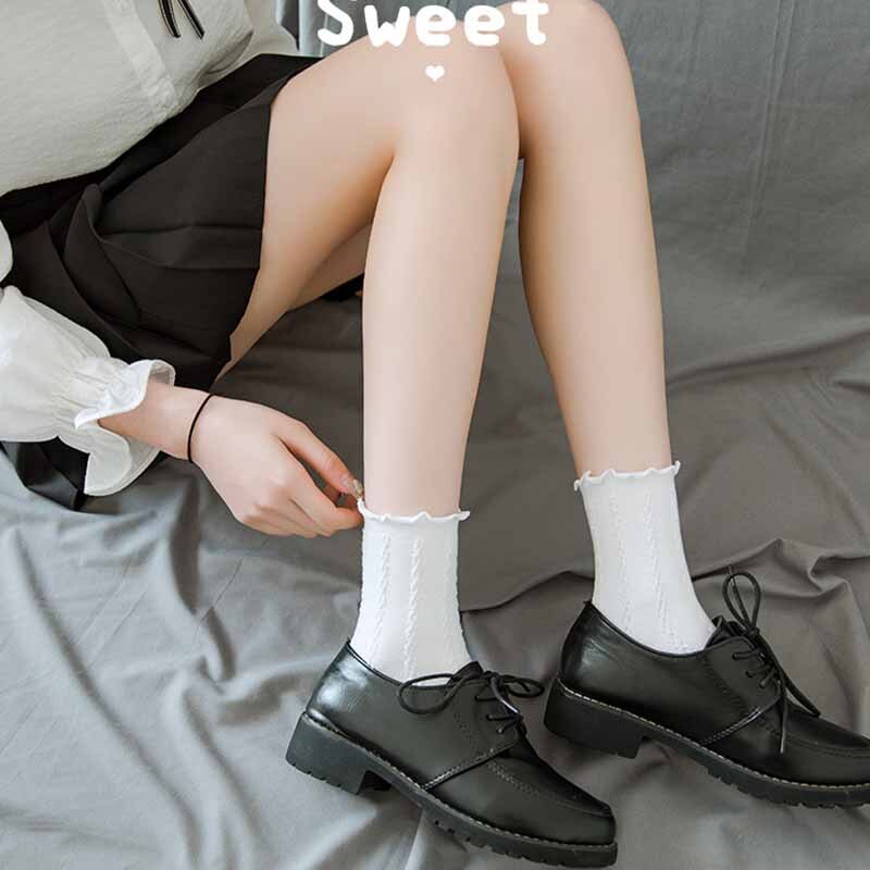 Lolita – chaussettes blanches en dentelle pour femmes, en coton, avec nœud en cœur, style JK