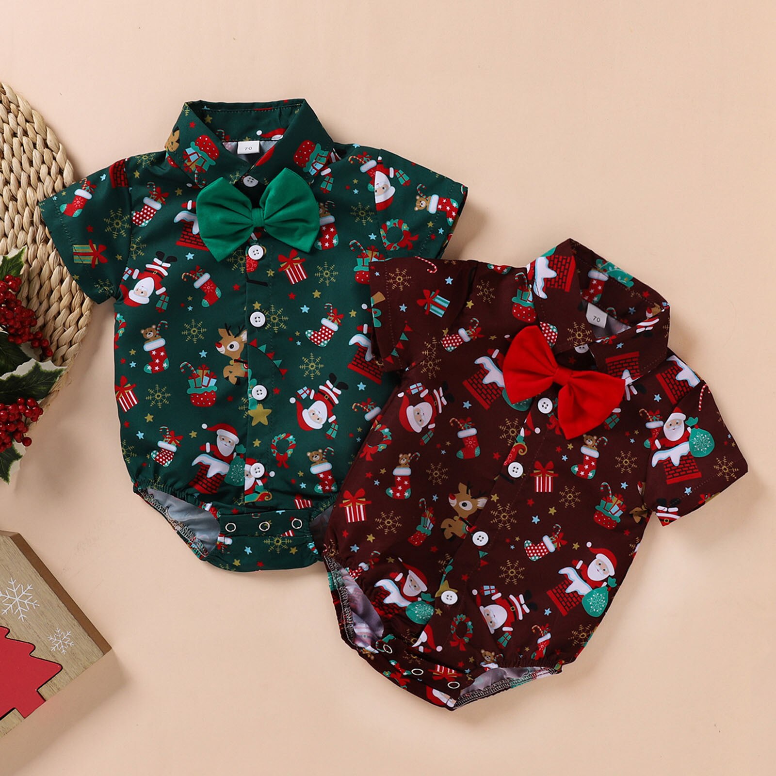 Christmas Baby Boys Bodysuits Santa Print Short Sleeve Bow Tie Gentleman Party Jumpsuits 0-24M