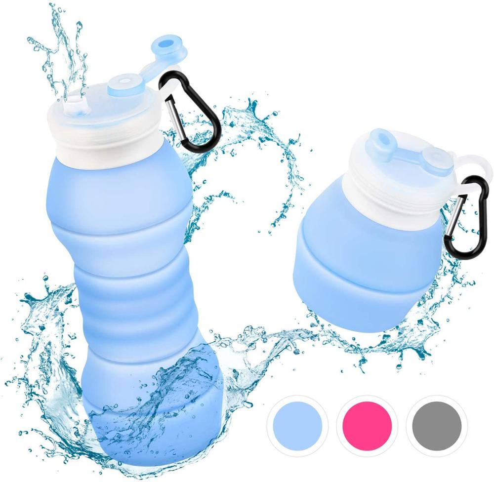 Botella de agua de silicona plegable, 550 ML, sin BPA, portátil, reutilizable, a prueba de fugas, botellas de agua deportivas de viaje para gimnasio, senderismo y ciclismo