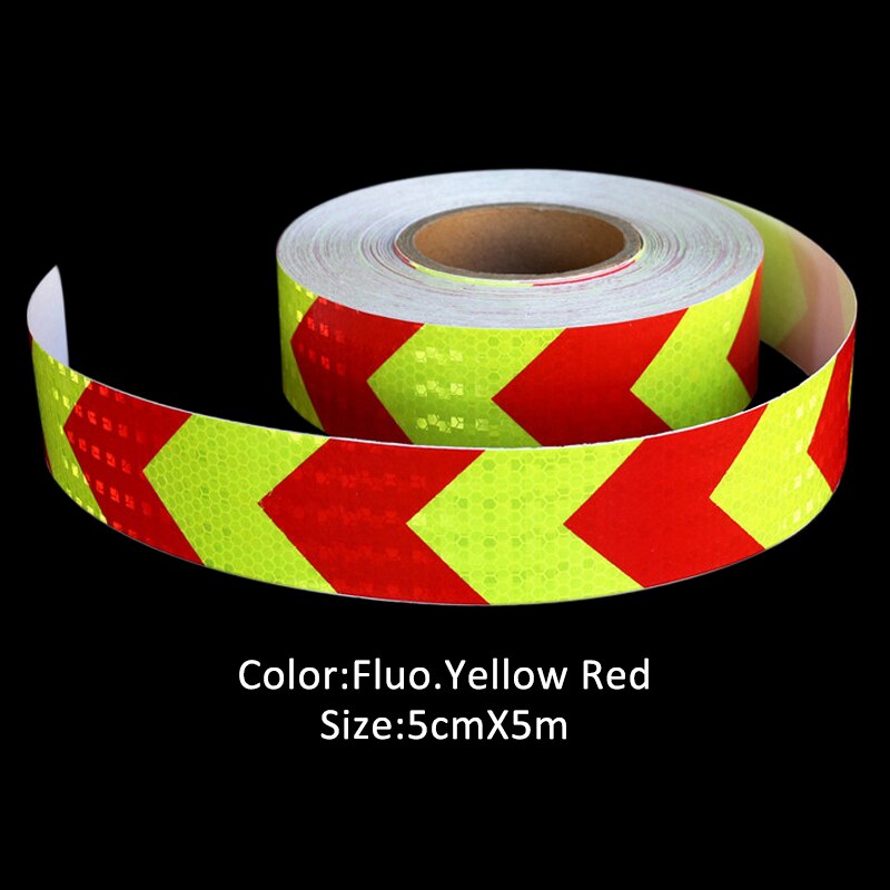 5Cm X 5M Dubbele Kleuren Pijl Patroon Mesh Reflecterende Lint Auto Sticker Automotive Stijl Voertuig Vrachtwagen Motorfiets Waarschuwing film: Fluo.Yellow Red