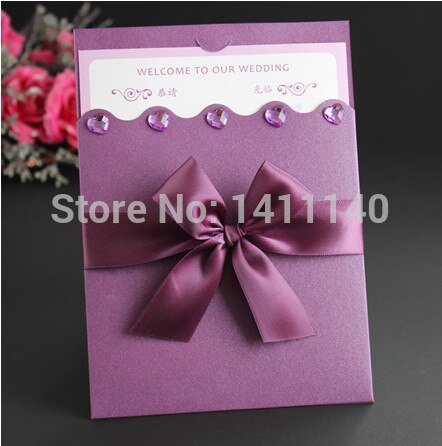 Dark Purple Wedding Invitation Card With Ribbon diamond decor Free Envelops Seal