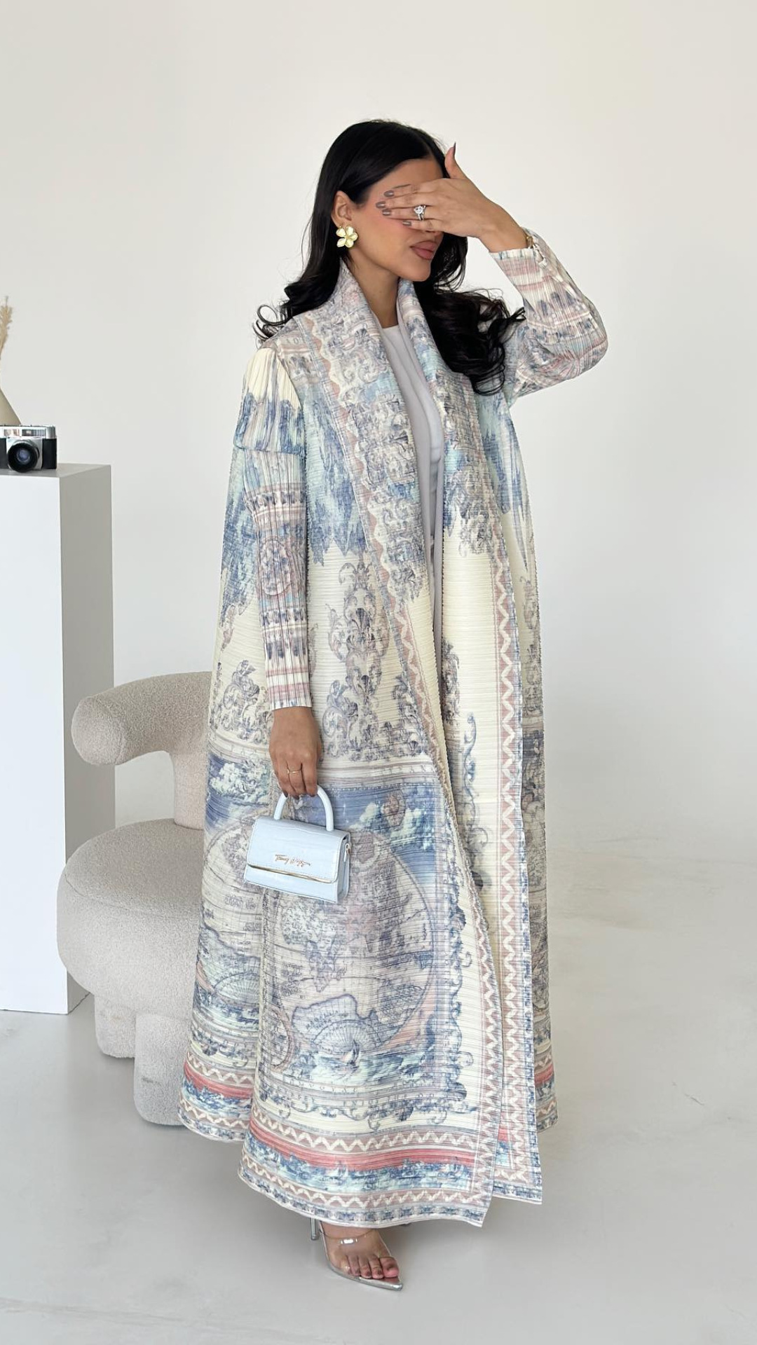 Abaya Miyake plissé imprimé Robe veste arabe dubaï Style femmes à manches longues conservateur recat musulman Trench Coat 55 pouces: Bleu