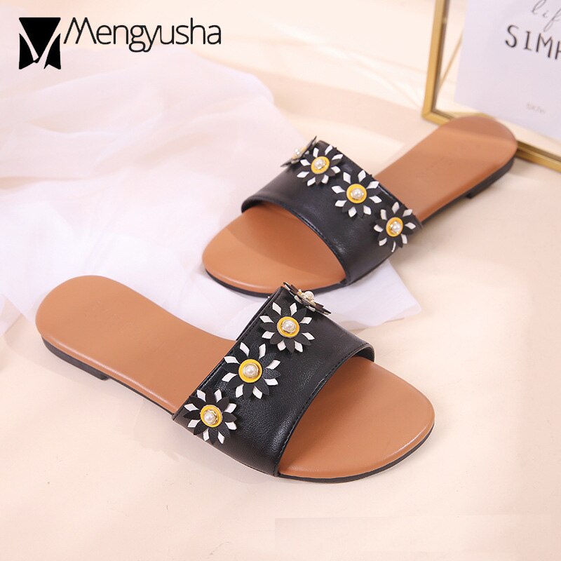 Parel Platte Sandalen Zon Bloem Kralen Slippers Vrouwen Open Teen Lederen Band Flip Flops Antislip Klinknagels Strand Sandalias mujer